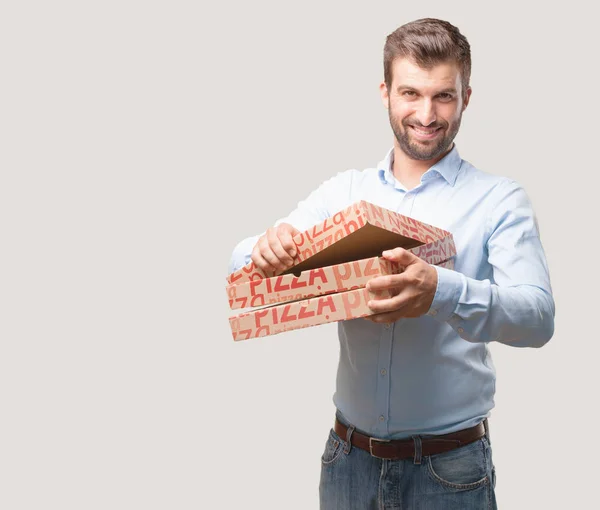 Jonge Knappe Man Houden Van Pizza Dozen Blauw Shirt Gelukkig — Stockfoto