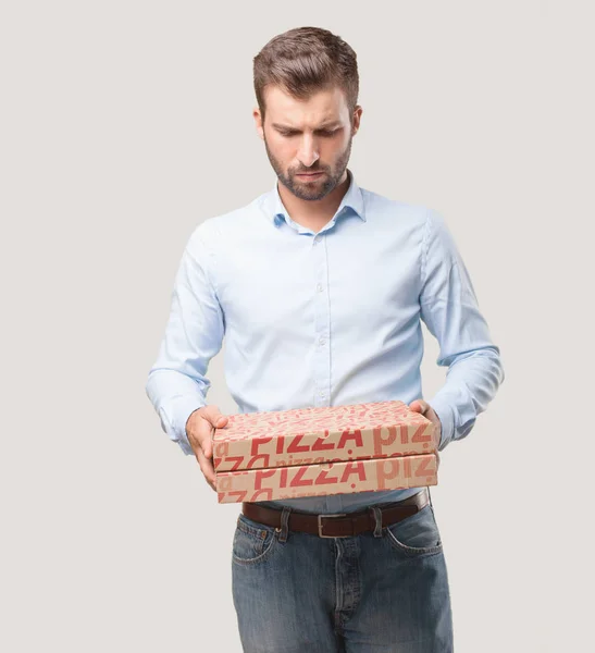 Person Med Pizzakartonger Isolerade Mot Monokrom Bakgrund — Stockfoto