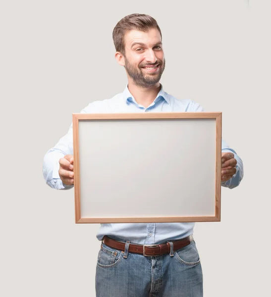 Young Handsome Man Holding Empty Placard Place Your Concept Blue — Stock Photo, Image