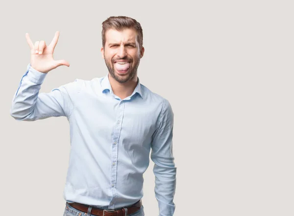 Jeune Homme Beau Shirt Bleu Souligné Expression Désaccord Concept Colère — Photo