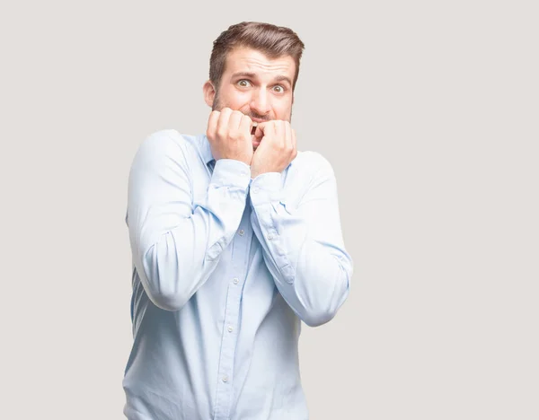Young Handsome Man Blue Shirt Scared Frightened Expression Worried Something — Stock Photo, Image