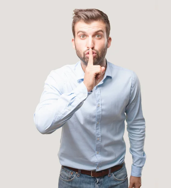 Young Handsome Man Blue Shirt Silence Sign Surprised Expression Person — Stock Photo, Image