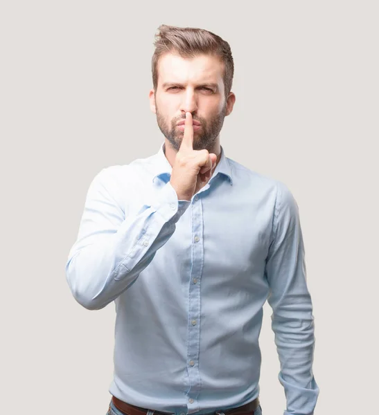 Joven Hombre Guapo Camiseta Azul Expresión Desacuerdo Signo Silencio Persona — Foto de Stock