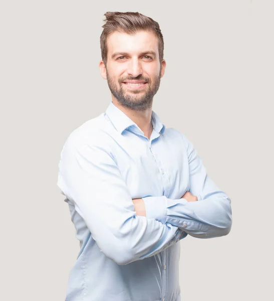 Junger Gutaussehender Mann Lächelnd Blaues Shirt Stolzer Und Zufriedener Gesichtsausdruck — Stockfoto