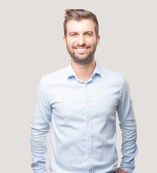 Joven Hombre Guapo Sonriendo Camiseta Azul Expresión Orgullosa Satisfecha Persona —  Fotos de Stock