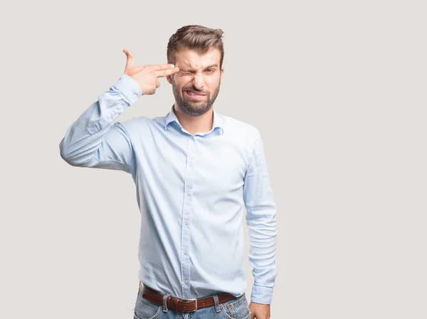 Jovem Homem Bonito Estressado Camisa Azul Expressão Preocupada Frustrada Pessoa — Fotografia de Stock