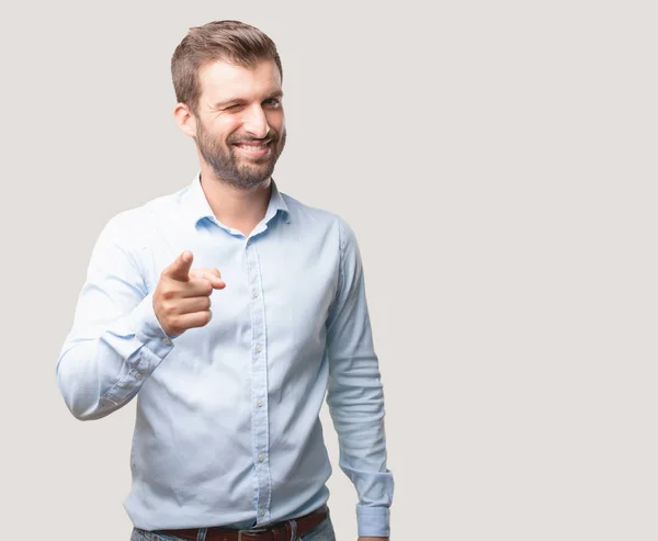 Young Handsome Man Winking Eye Pose Wearing Blue Shirt Person — Stock Photo, Image