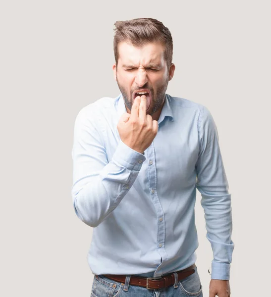 Young Handsome Man Vomit Gesture Wearing Blue Shirt Person Isolated — Stock Photo, Image