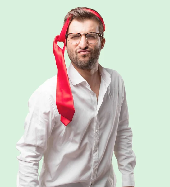 Young Handsome Man Dancing White Shirt Celebrating Expression Neck Tie — Stock Photo, Image