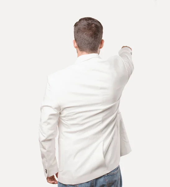 Homem Negócios Bonito Jovem Apontando Frente Blazer Branco Pose Traseira — Fotografia de Stock