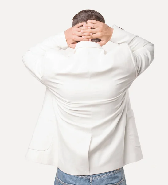 Young Handsome Businessman Satisfied White Blazer Back Pose Person Isolated — Stock Photo, Image