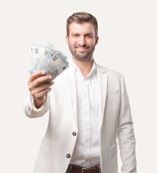 Молодой Привлекательный Бизнесмен Банкнотами Евро Белый Пиджак Счастливое Выражение Лица — стоковое фото