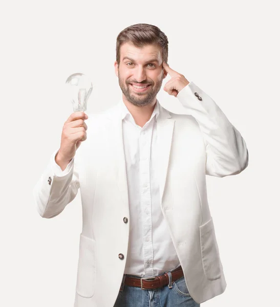 Bir Fikir Bir Ampul Beyaz Ceket Mutlu Ifade Ile Olan — Stok fotoğraf