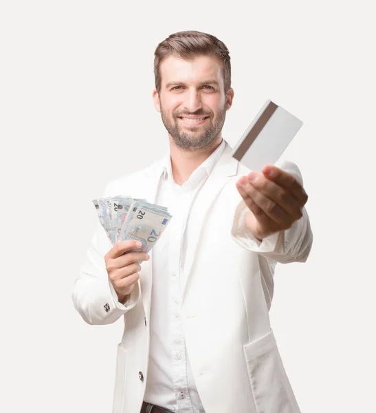 Young Handsome Businessman Euro Banknotes Credit Card White Blazer Happy — Stock Photo, Image