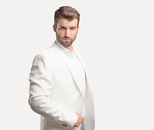 Young Handsome Businessman Facing Challenge Pose White Blazer Happy Expression — Stock Photo, Image