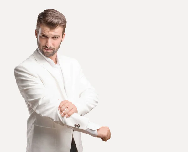 Young Handsome Businessman Facing Challenge Pose White Blazer Happy Expression — Stock Photo, Image