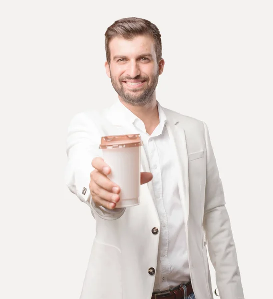 Young Handsome Businessman Take Away Coffee White Blazer Satisfied Happy — Stock Photo, Image