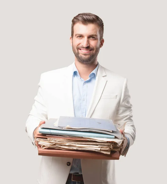 Homem Negócios Bonito Novo Com Arquivos Uma Torre Documentos Blazer — Fotografia de Stock