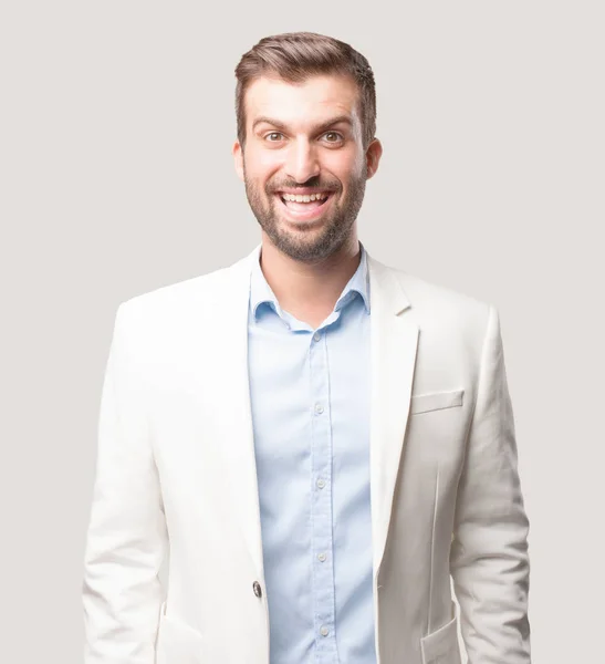Jovem Empresário Bonito Surpreso Blazer Branco Expressão Feliz Pessoa Isolada — Fotografia de Stock