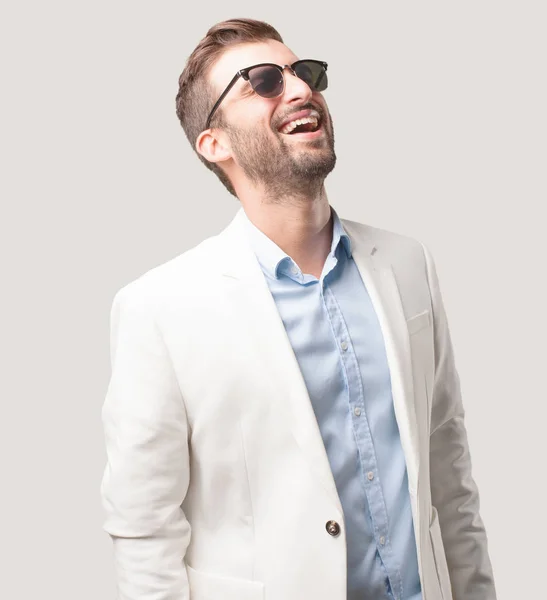 Young Handsome Businessman Sunglasses White Blazer Happy Satiscfaction Expression Person — Stock Photo, Image