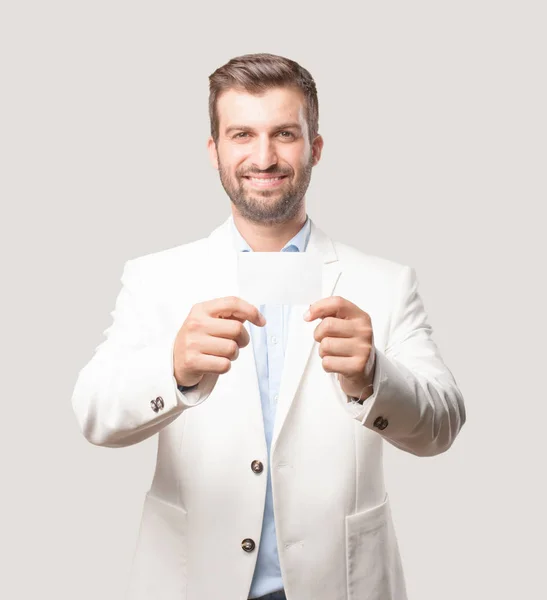 Homem Negócios Bonito Novo Com Cartão Visita Cartaz Nome Blazer — Fotografia de Stock