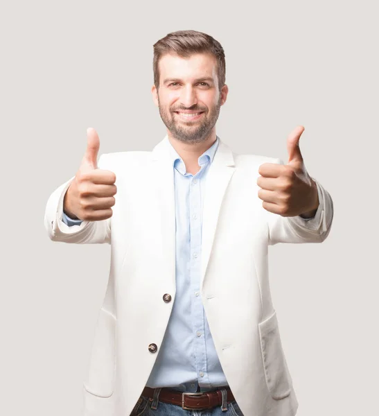 Young Handsome Businessman All Right Okay Sign White Blazer Happy — Stock Photo, Image
