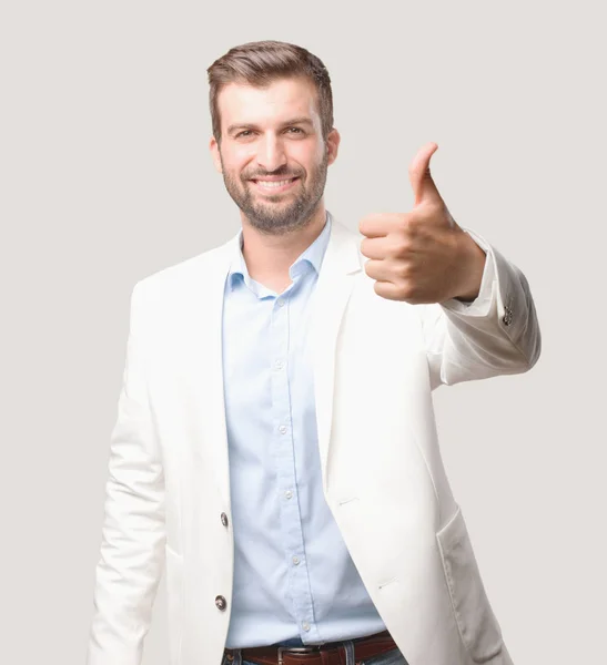 Young Handsome Businessman All Right Okay Sign White Blazer Happy — Stock Photo, Image