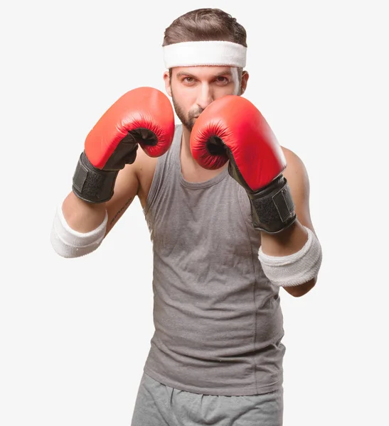 Молодой Красивый Спортсмен Боксирует Серой Майке Человек Изолированный Монохромном Фоне — стоковое фото