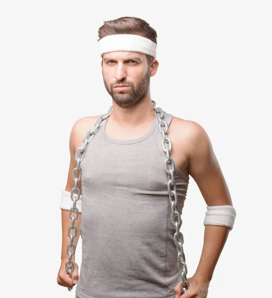 Young Handsome Sportsman Chain Stressed Gray Tank Top Person Isolated — Stock Photo, Image