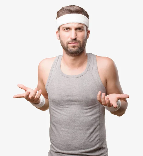 Young Handsome Sportsman Confused Gray Tank Top Person Isolated Monochrome — Stock Photo, Image