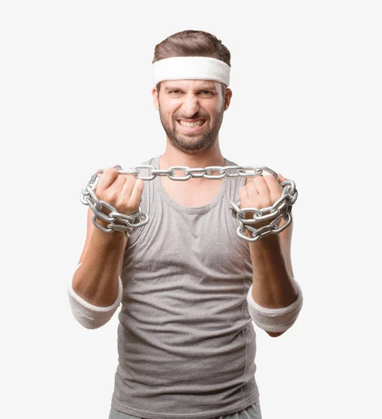 Joven Deportista Guapo Desacuerdo Con Una Cadena Camiseta Gris Tanque — Foto de Stock