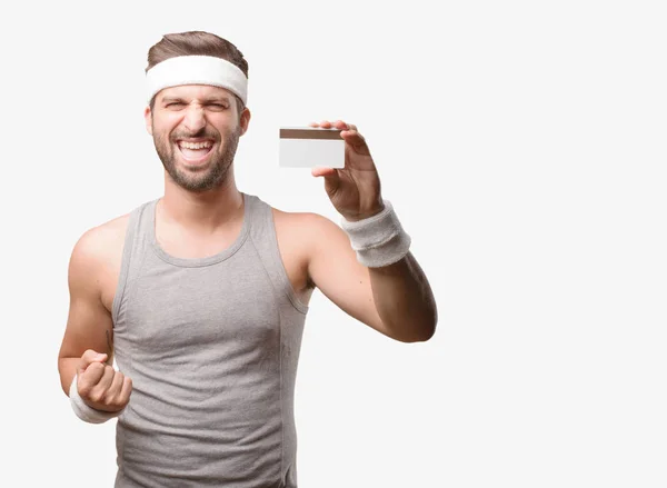 Young Handsome Sportsman Gray Card Wearing Gray Tank Top Person — Stock Photo, Image