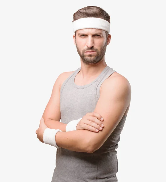 Young Handsome Sportsman Angry Expression Gray Tank Top Person Isolated — Stock Photo, Image