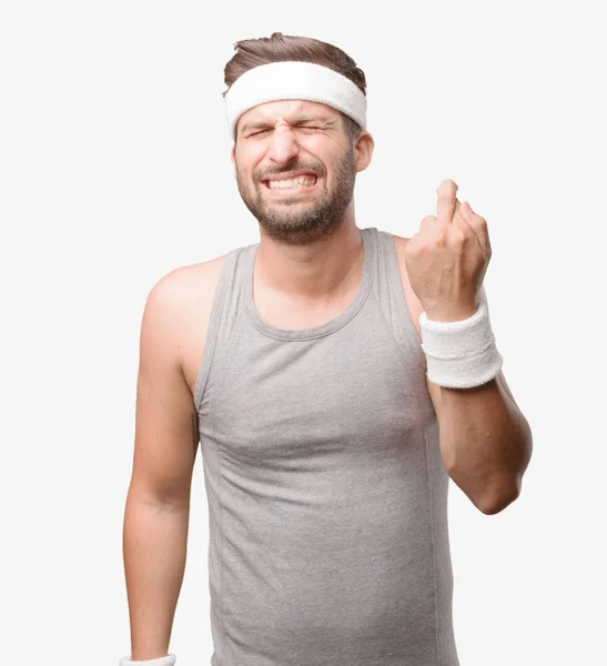 Young Handsome Sportsman Finger Crossing Gray Tank Top Person Isolated — Stock Photo, Image
