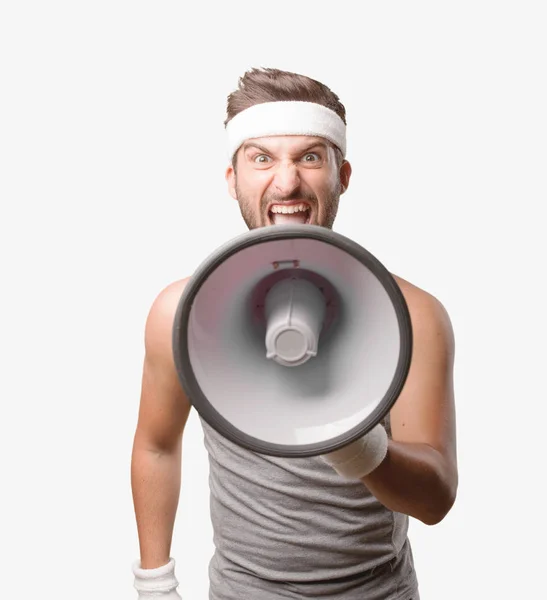 Joven Deportista Guapo Gritando Con Megáfono Vistiendo Camiseta Gris Persona — Foto de Stock