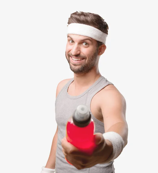Young Handsome Sportsman Energy Drink Gray Tank Top Person Isolated — Stock Photo, Image