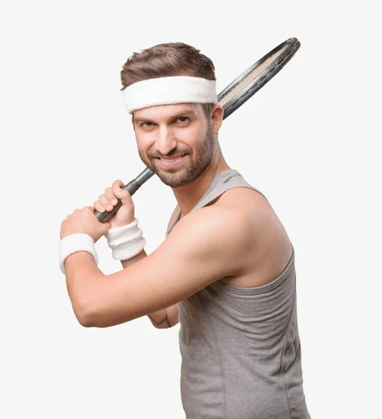 Junger Gutaussehender Sportler Mit Einem Tennisschläger Mit Grauem Tanktop Person — Stockfoto