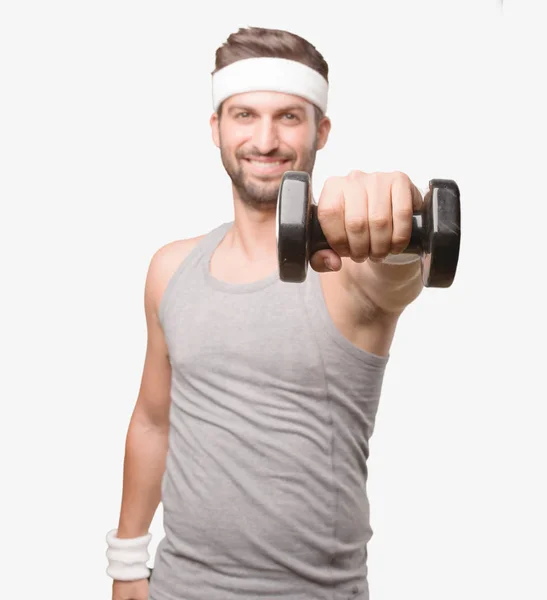 Young Handsome Sportsman Lifting Dumbbell Gray Tank Top Person Isolated — Stock Photo, Image
