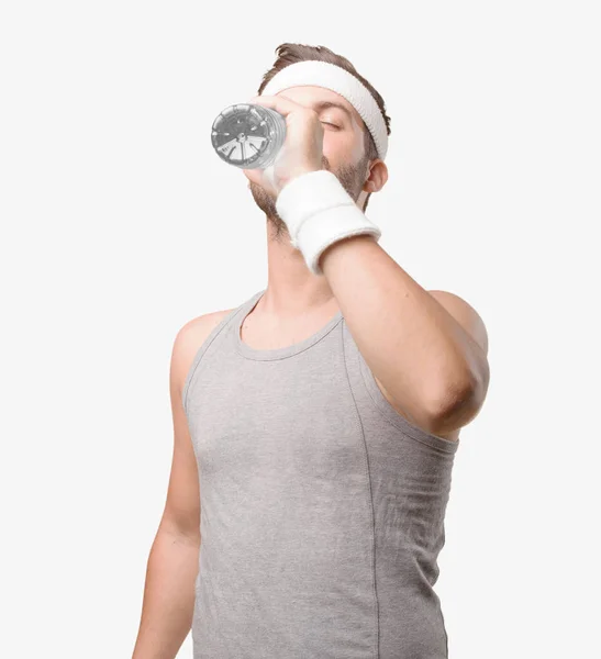 Young Handsome Sportsman Water Bottle Wearing Gray Tank Top Person — Stock Photo, Image