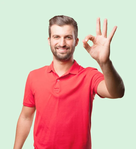 Young Handsome Man Okay Sign Wearing Red Polo Shirt Person — Stock Photo, Image