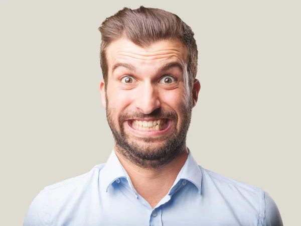 Joven Hombre Guapo Sorprendido Vistiendo Camiseta Azul Expresión Feliz Satisfecho — Foto de Stock