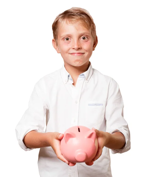 Young Blonde Boy Holding Piggy Bank White Background Royalty Free Stock Images