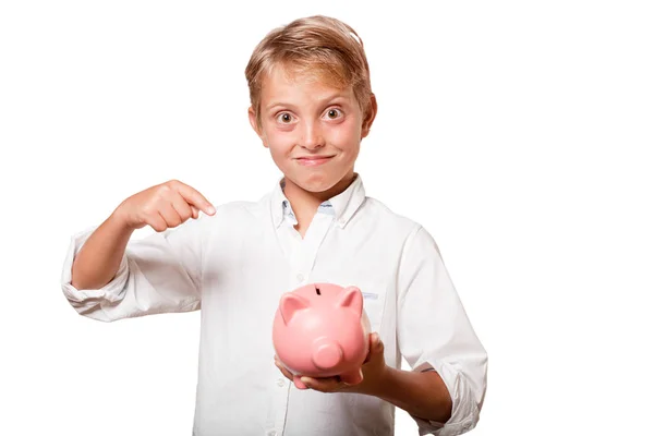 Young Blonde Boy Holding Piggy Bank White Background Stock Photo