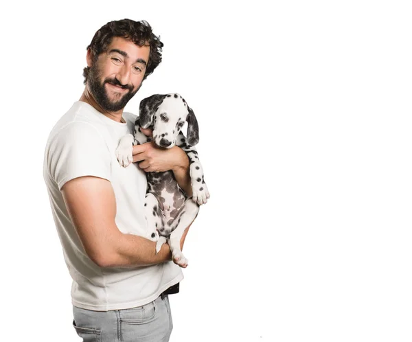 Young Cool Happy Man Holding Dalmatian Puppy — Stock Photo, Image