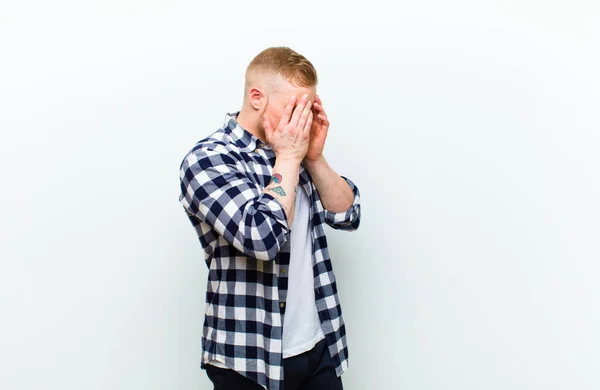 Young Blonde Man Squared Shirt Covering Eyes Hands Sad Frustrated — Stock Photo, Image