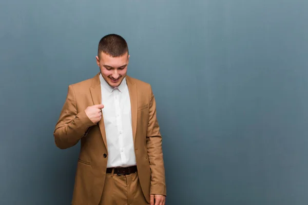Young Handsome Businessman Smiling Cheerfully Casually Looking Downwards Pointing Chest — Stock Photo, Image
