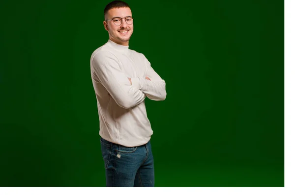 Young Handsome Man Smiling Camera Crossed Arms Happy Confident Satisfied — Stock Photo, Image