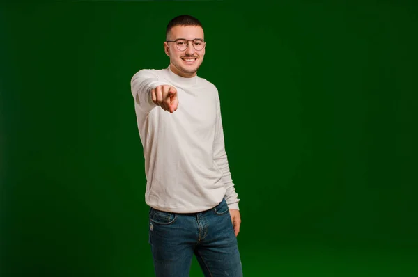 Young Handsome Man Pointing Camera Satisfied Confident Friendly Smile Choosing — Stock Photo, Image