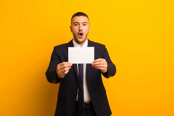 Young Handsome Businessman Flat Background Placard — Stock Photo, Image