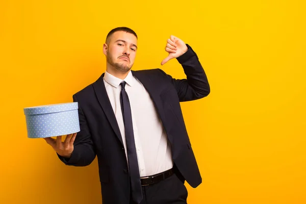 Young Handsome Businessman Flat Background Gift Box — Stock Photo, Image